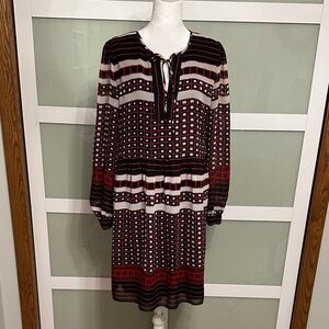 LOFT Outlet Black and Red Geometric Long Sleeve Dress